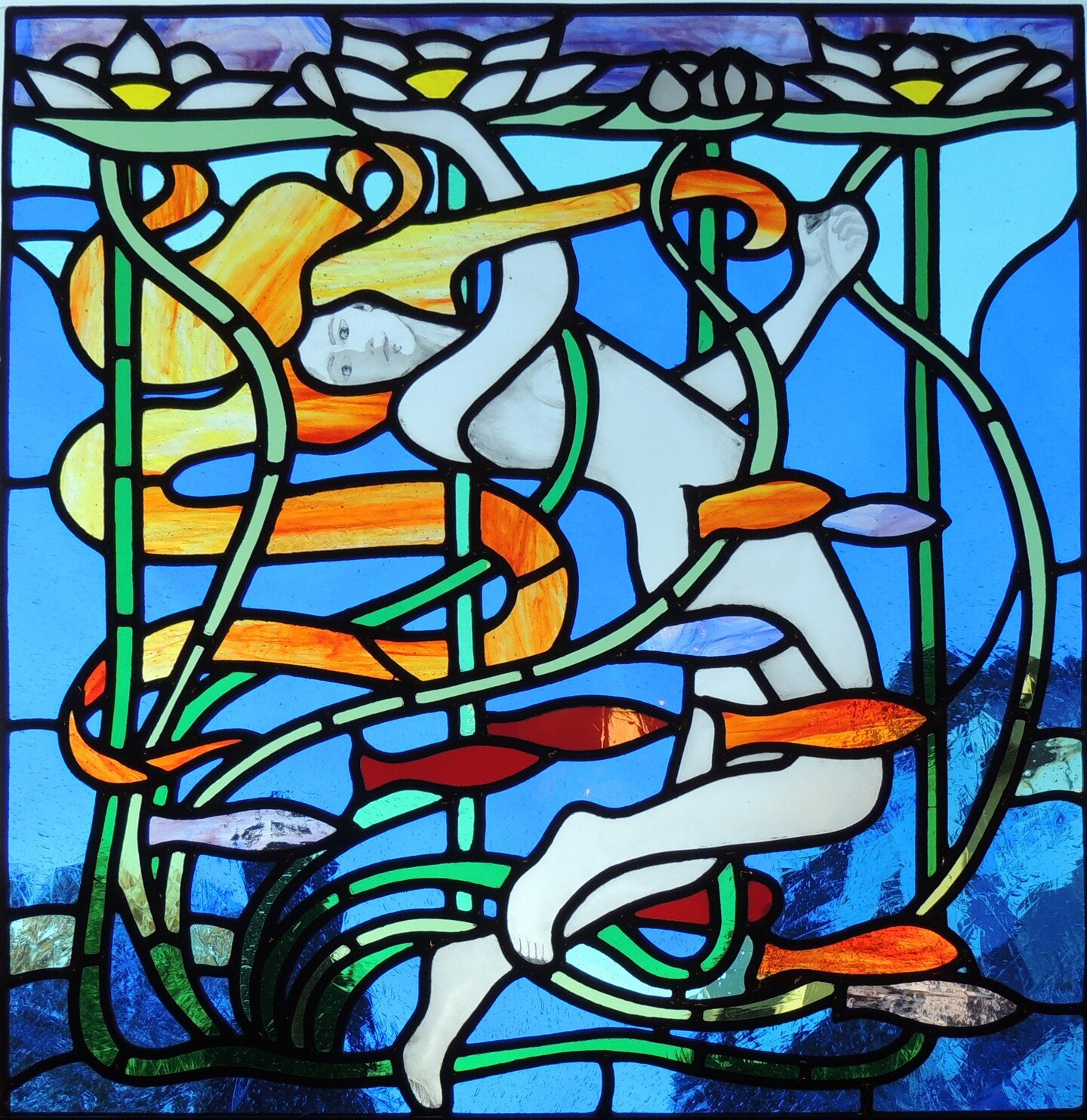 I made a copy of the Water Sprite panel by W.G. Morton, c.1896, kept by Glasgow Museums. It is part of a pair (I designed an accompanying panel, continuing the scene, for a two-windowed bathroom) and I think it&rsquo;d be heaven to soak in the bath l