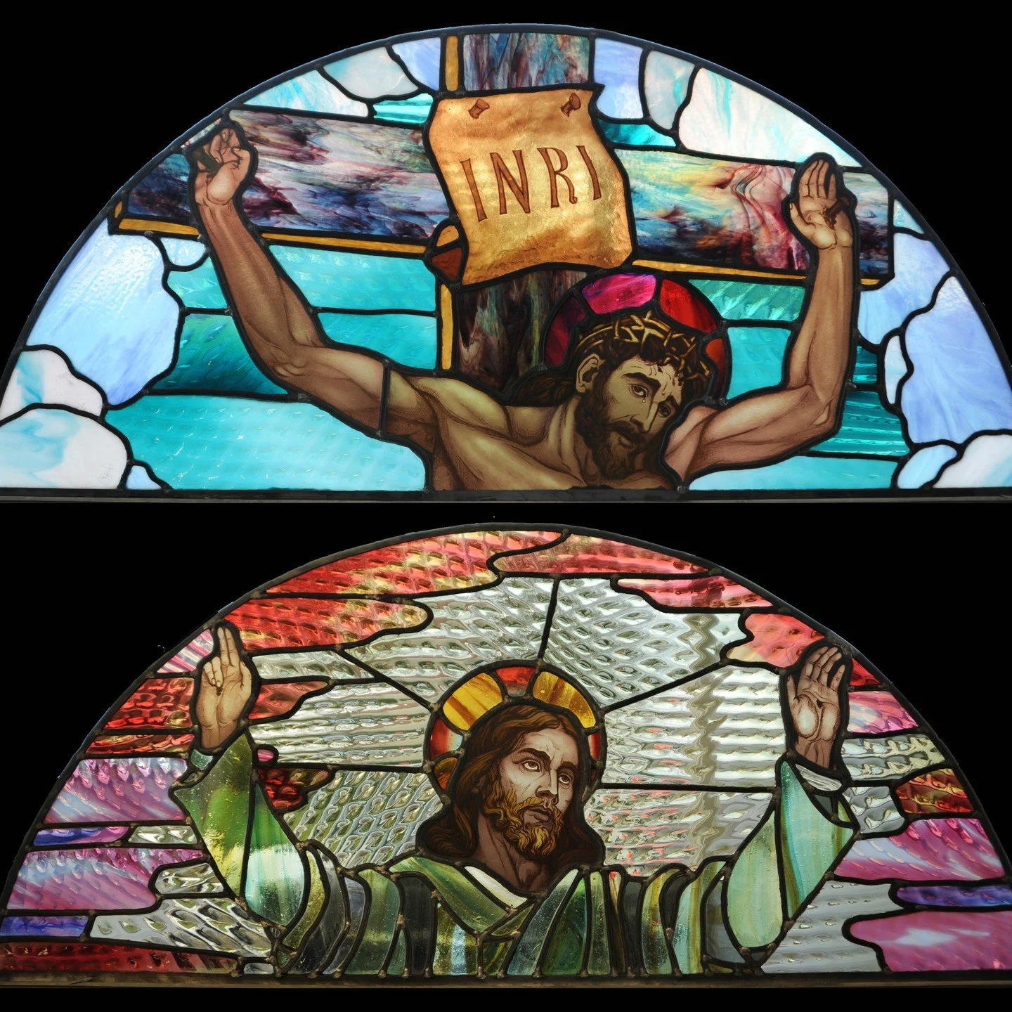 There is no glass paint on this window!
At the turn of the twentieth-century, Meikle and Sons in Glasgow developed a method of acid etching flashed glass they called The Cameo Process to depict details on glass which would appear painted. Read my art