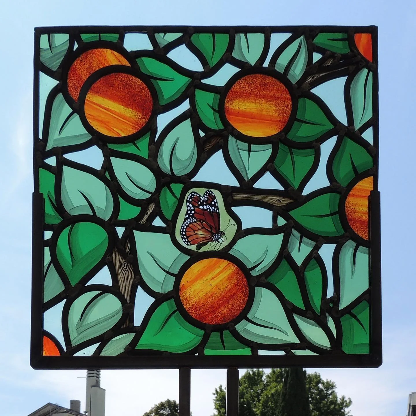My latest #StainedGlass panel inspired by #nature. A #MonarchButterfly in an #OrangeTree. As usual, I used antique mouthblown glass, grisaille glass paint and enamels, joined using the traditional method with lead and solder. I used a medieval style 