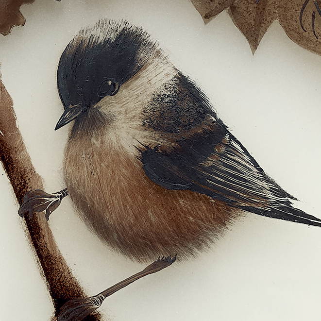 a coal tit (bird) depicted in stained glass using various colours of grisaille glass paint.