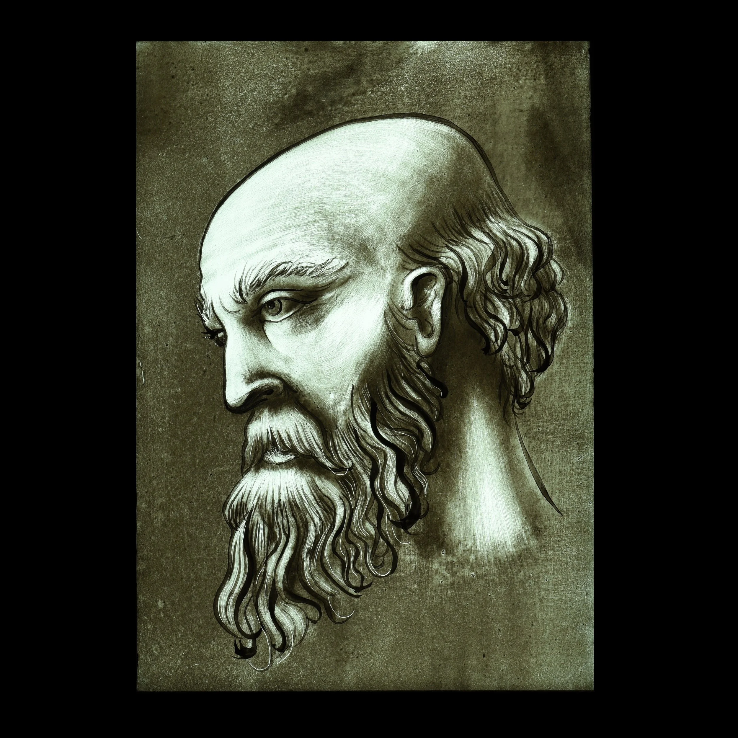 Copy of a nineteenth-century male head, Stained glass roundel, painted using grisalle paint on antique glass. Charlotte Roden Stained Glass