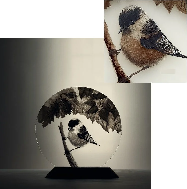 Coal tit (Periparus ater) stained glass, cincia mora, cinciarella, vetrate artistiche, charlotte roden