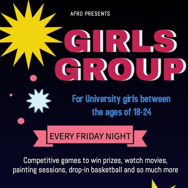 We have created a new program for university girls (ages 18 to 24). The objective is to allow girls to come, de-stress, meet new people and have fun. The program includes a number of weekly activities such as competitive games, watching movies, paint