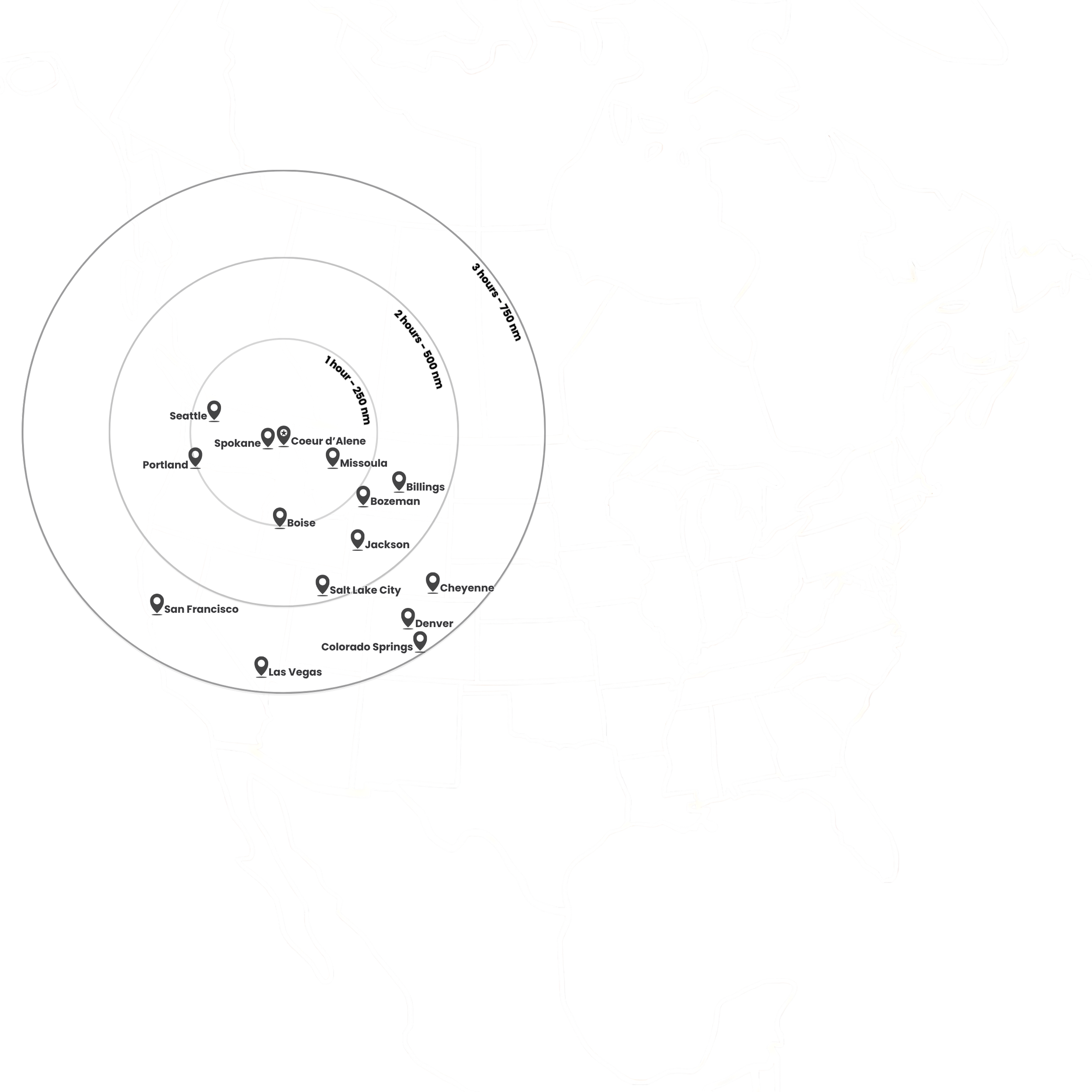 Map of flight ranges from Coeur d'Alene Airport: Seattle, Portland and Missoula within one hour; Boise, Salt Lake City and Billings within two; Denver, Las Vegas and San Francisco within three.