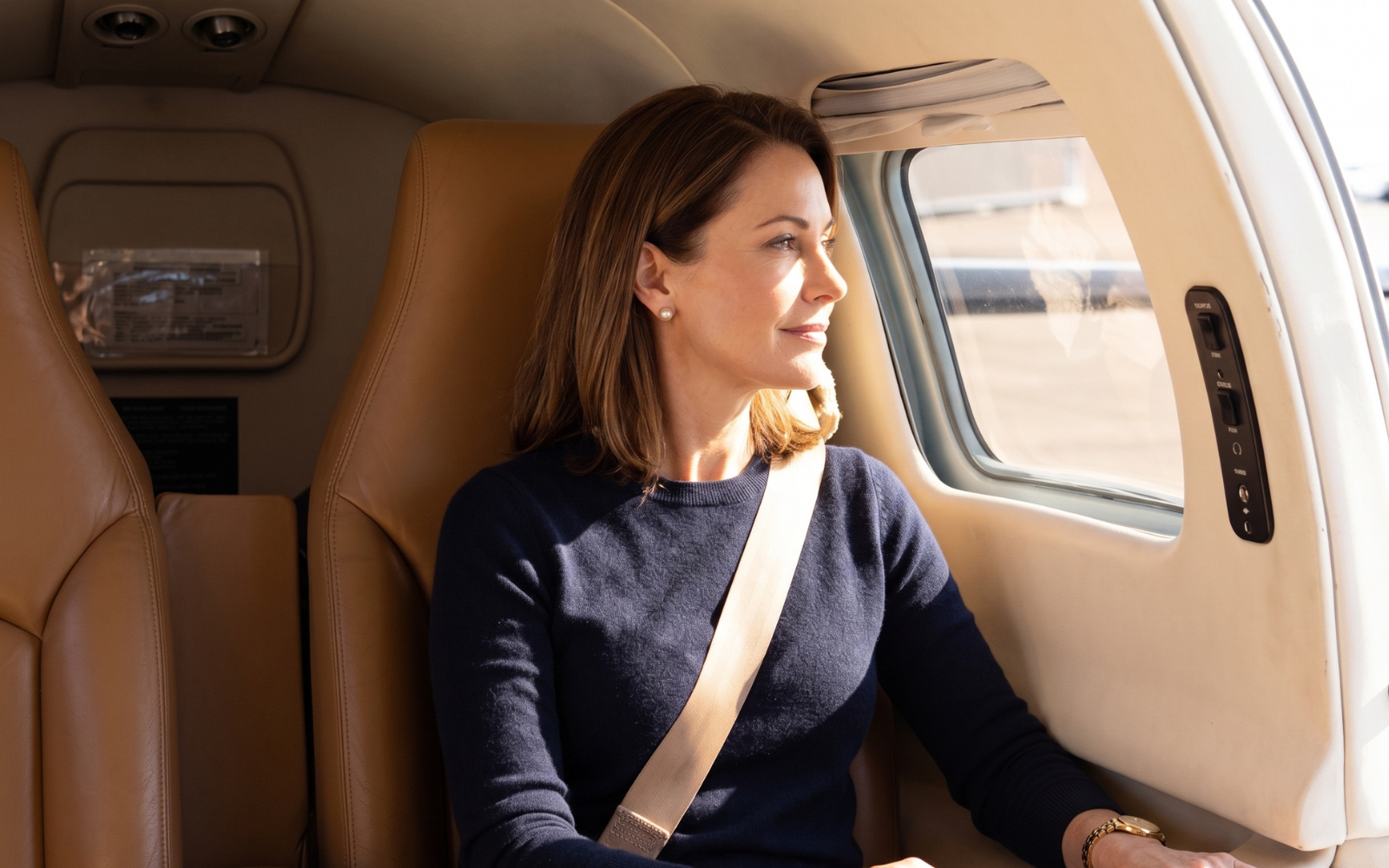 Passenger seated by the window in a private charter cabin