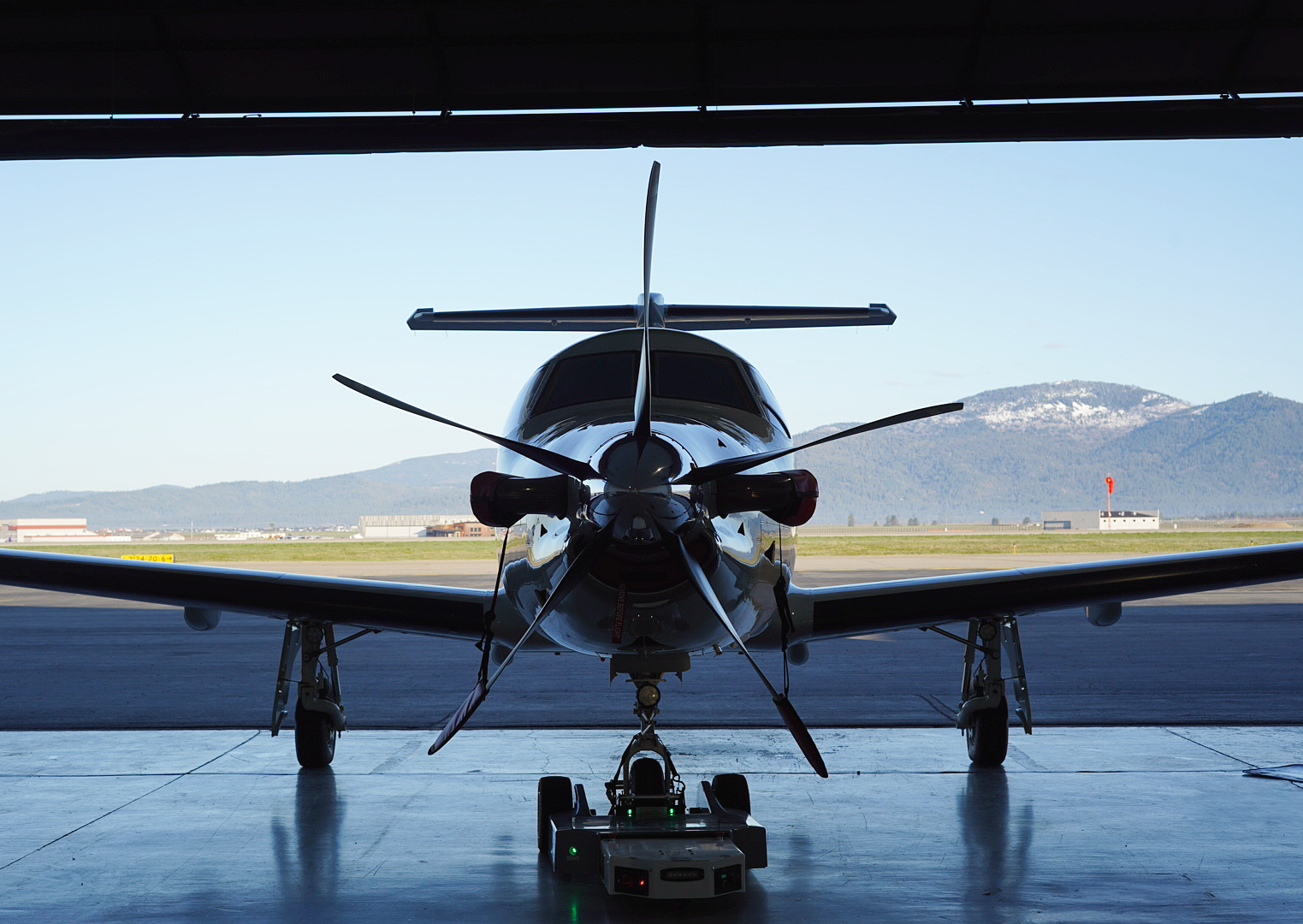 Pilatus PC-12 parked outside the hangar at Coeur d'Alene Airport