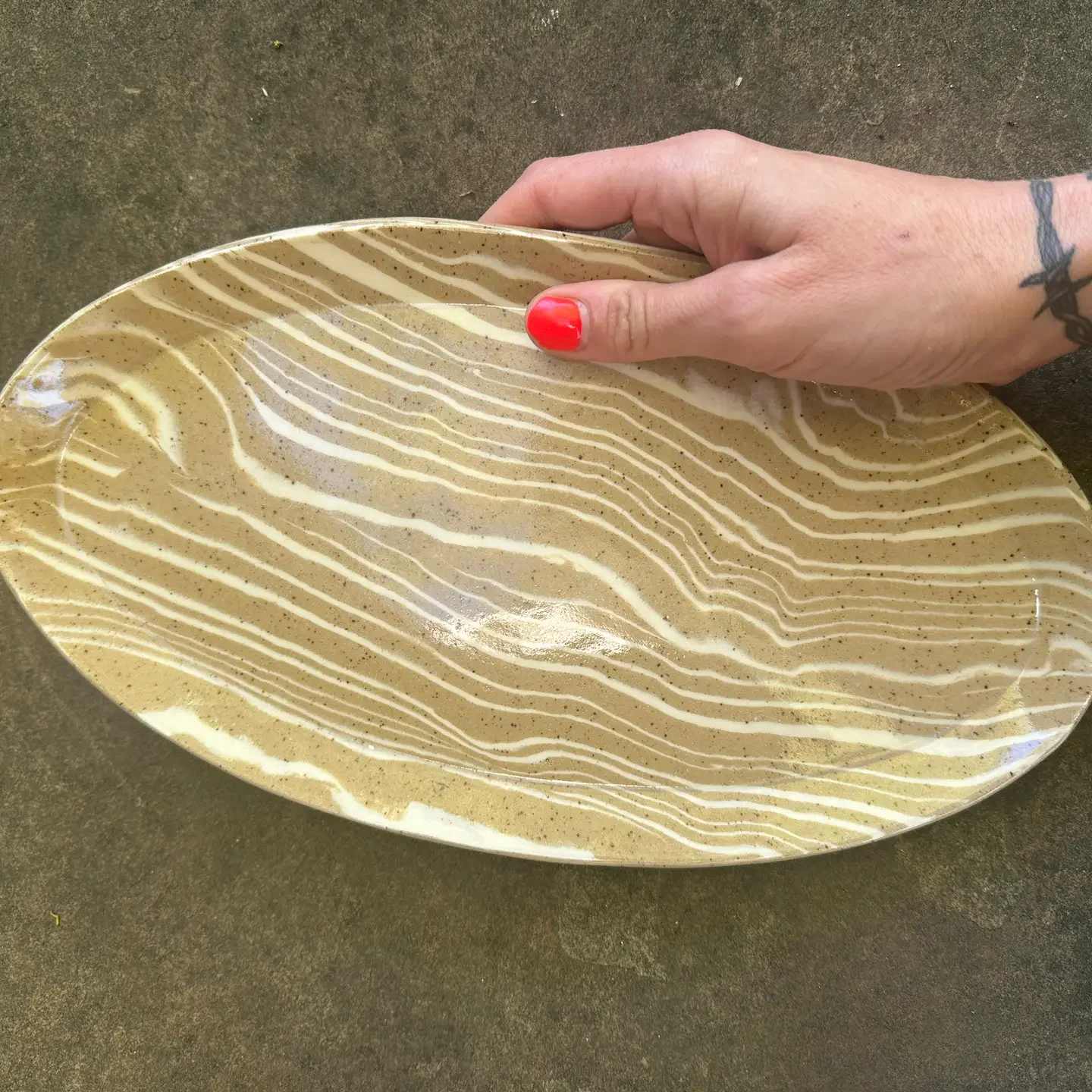 Beige and White Striped Nerikomi Large Oval Serving Tray.webp