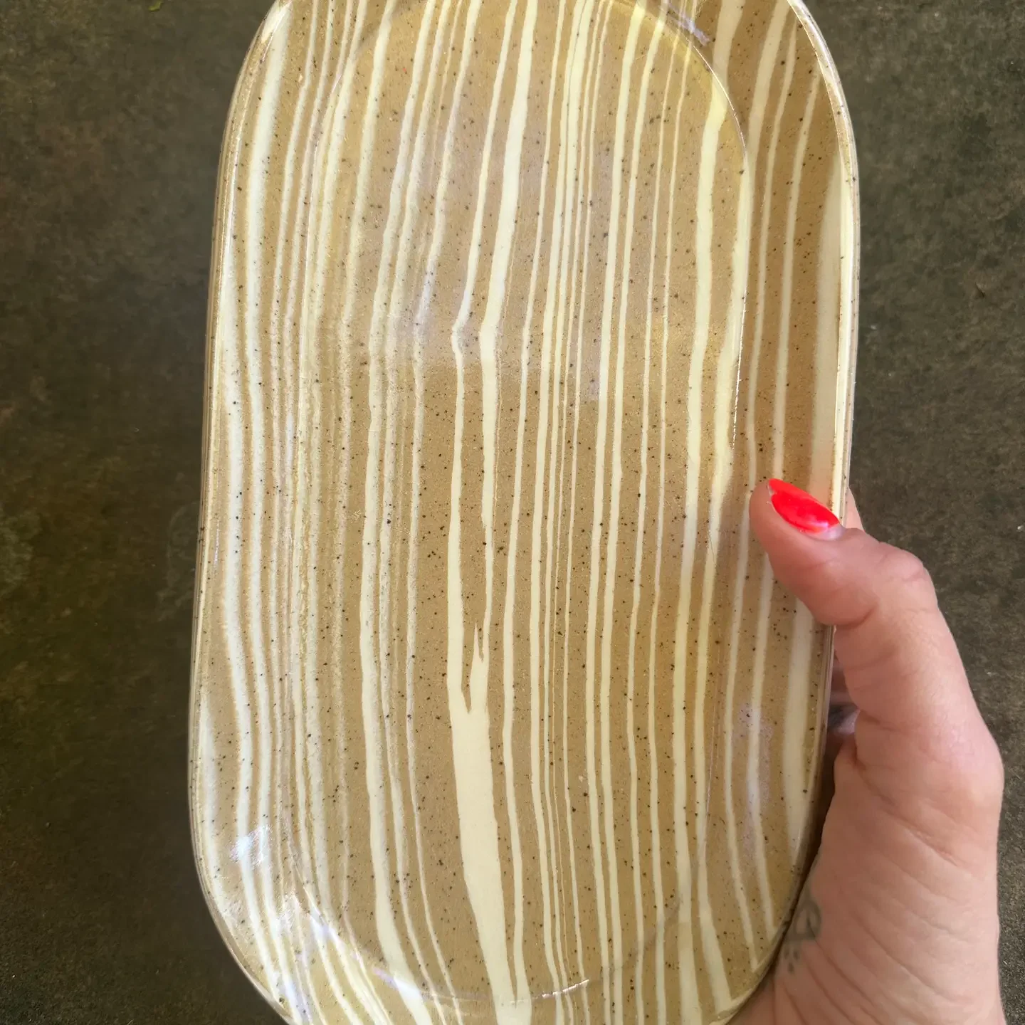 Nerikomi Beige and White Striped Ceramic Oval Tray.webp