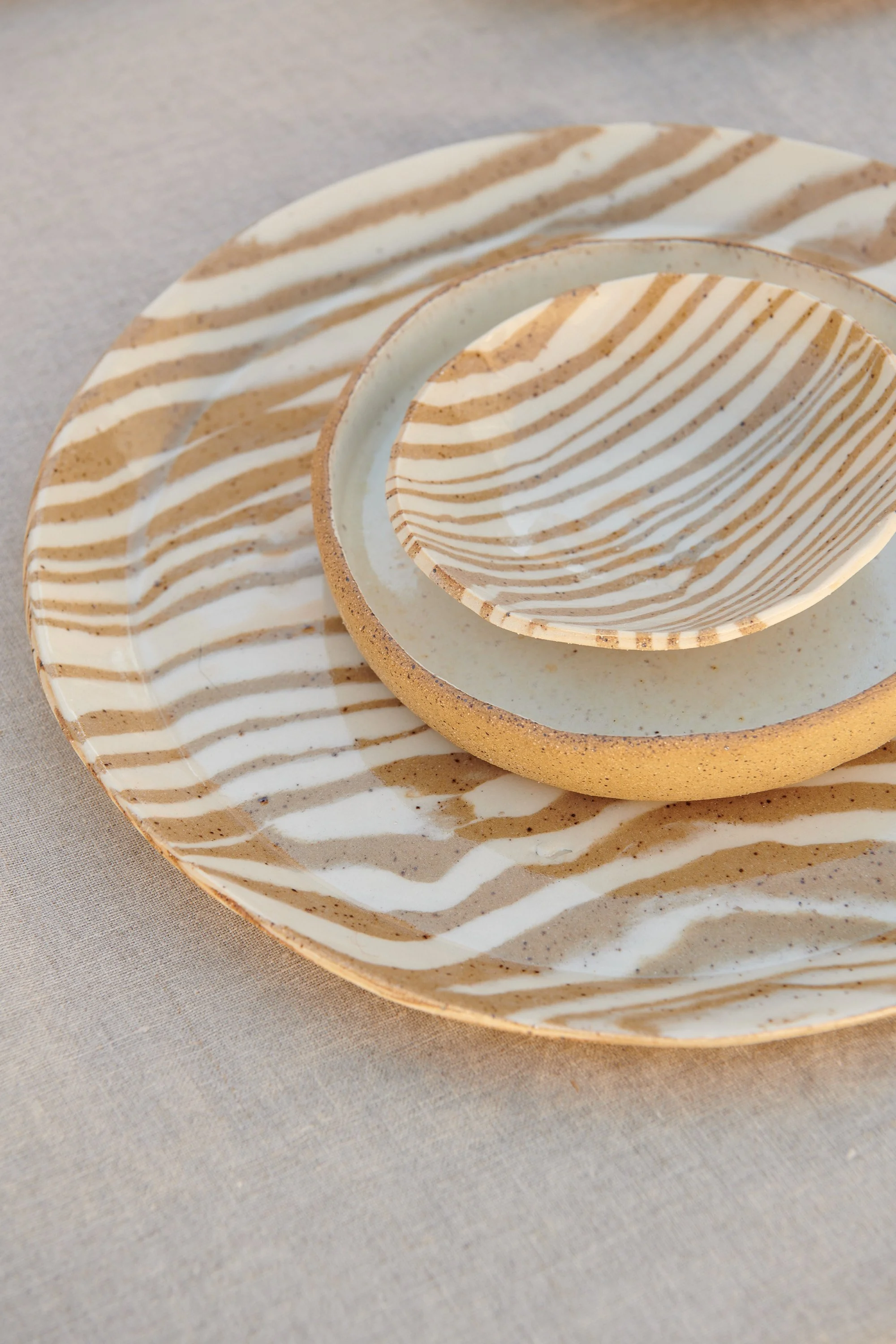 Beige and White Nerikomi Striped Small Shallow Bowl