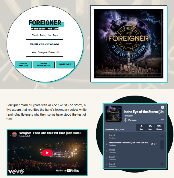 “Foreigner mark 50 years with In The Eye Of The Storm, a live album that reunites the band's legendary voices while reminding listeners why their songs have stood the test of time.”