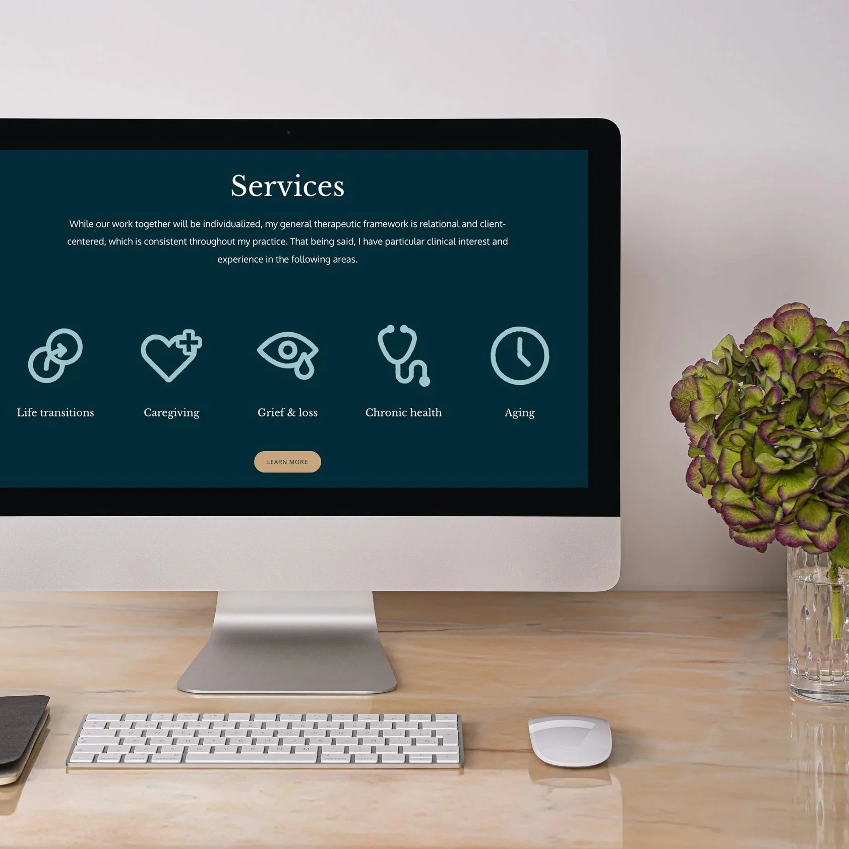 desktop computer displaying website services page