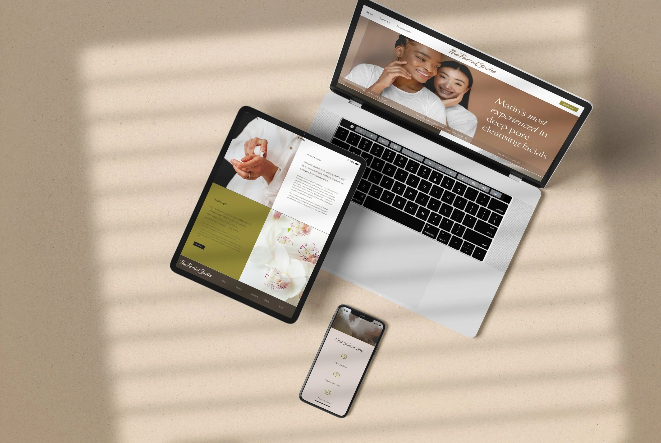 arrangement of 3 device screens: laptop, tablet, cell phone