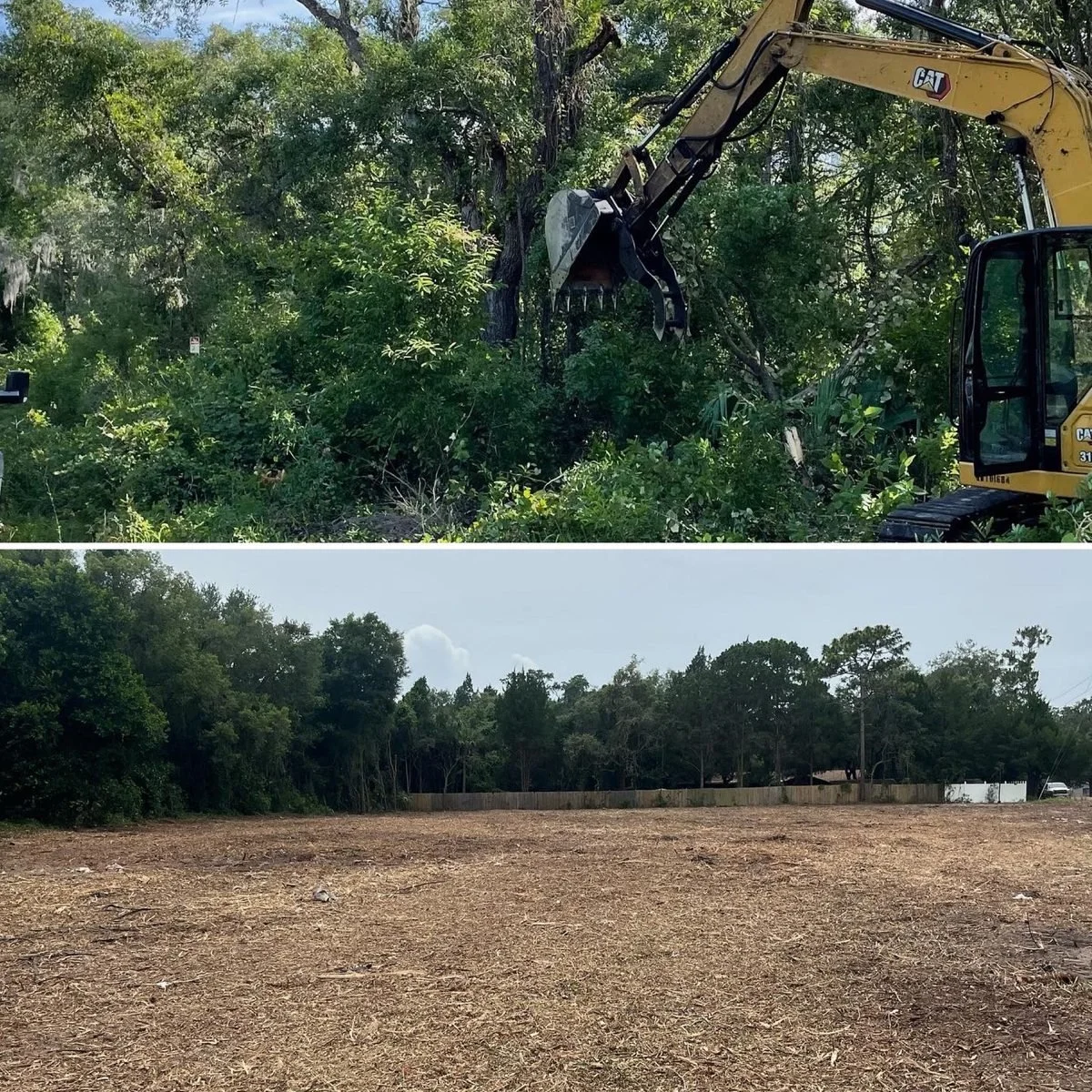 Top image shows a construction excavator clearing trees and bushes; bottom image depicts a cleared, flattened area of land with a treeline in the background.
