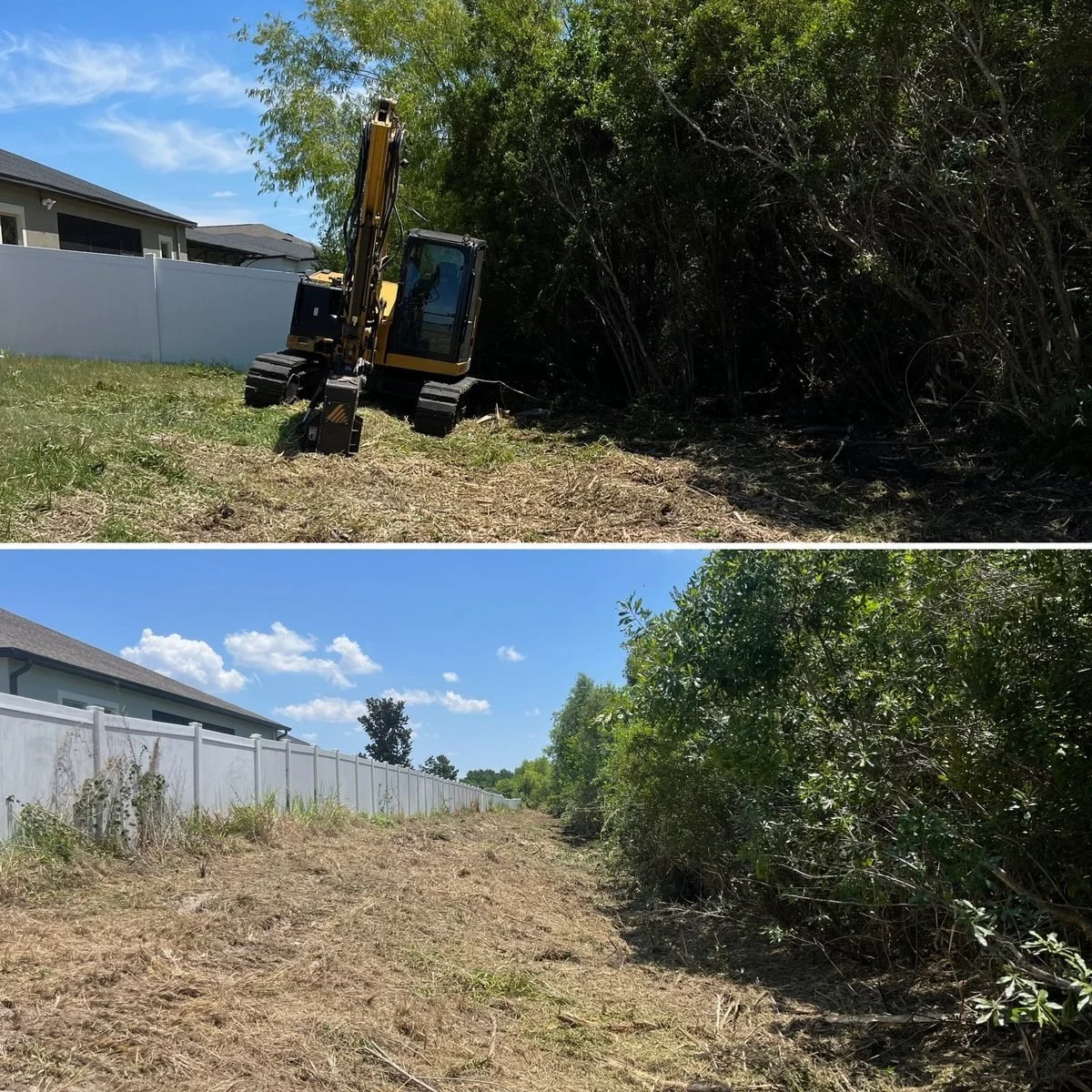 Side-by-side comparison of cleared and overgrown backyard areas, with a yellow excavator in the overgrown section, blue sky, and residential houses.