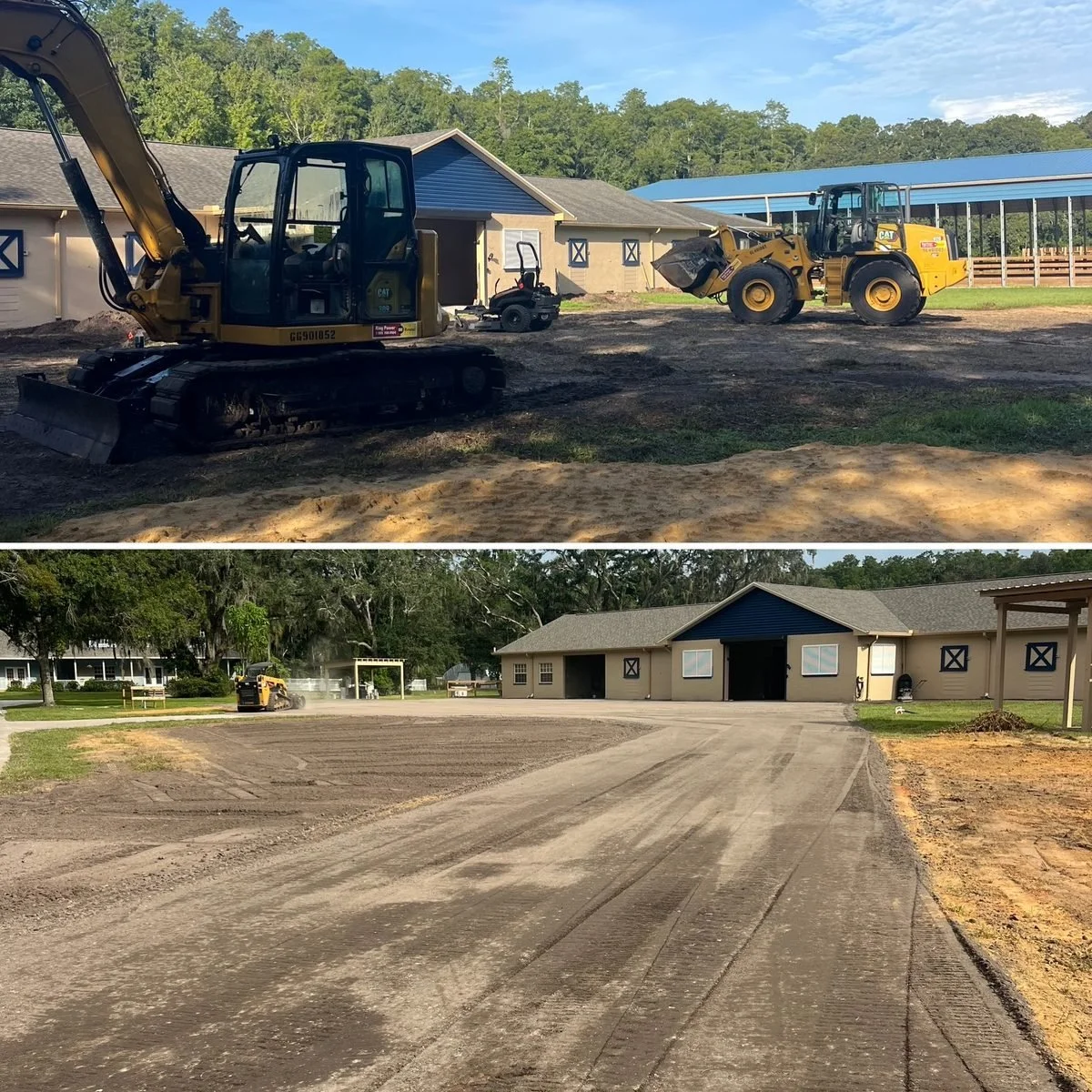 Two construction photos showing a driveway being resurfaced. The top image shows construction machinery working on the ground beside a building, while the bottom image shows the completed, freshly graded driveway leading to the building.