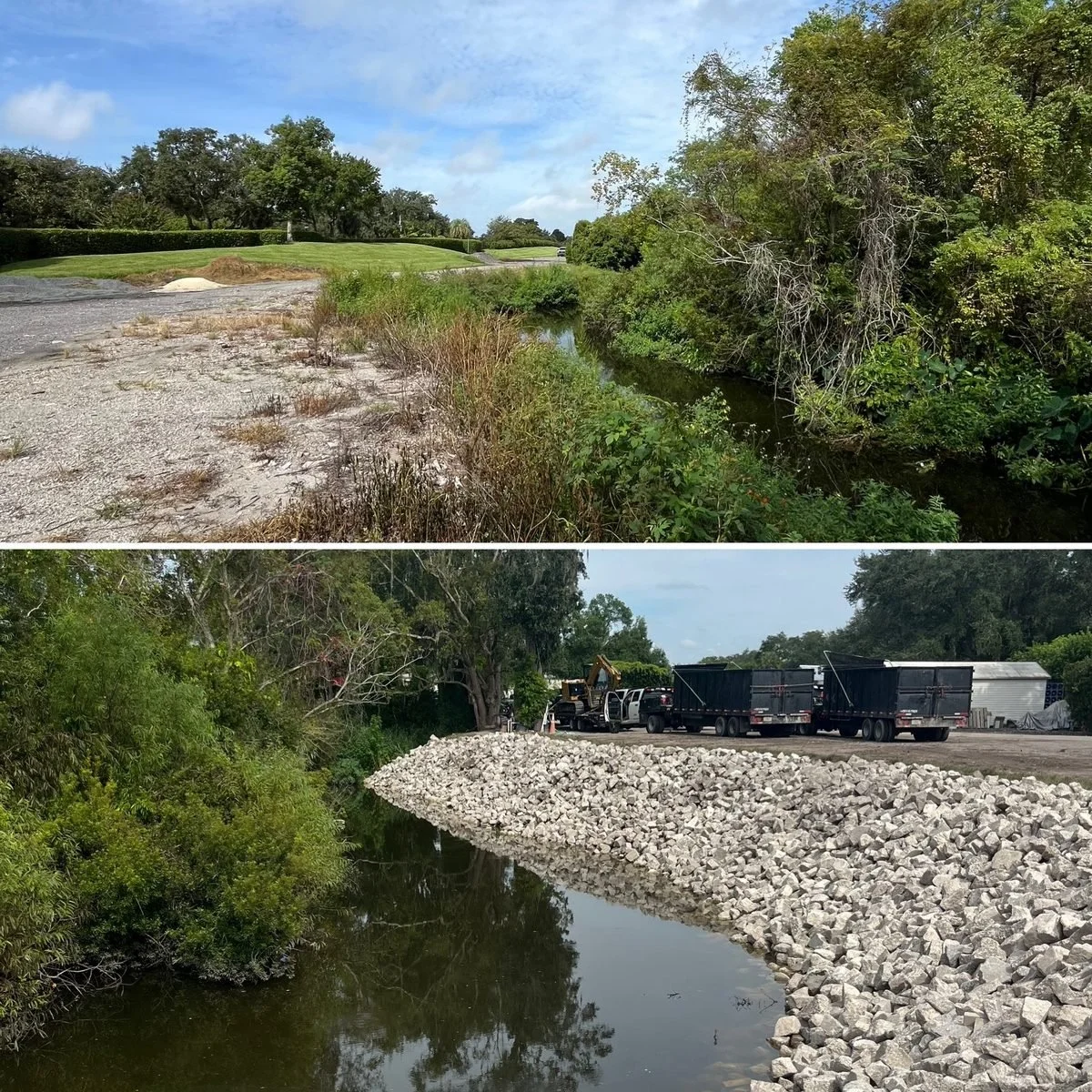 Two images showing a small creek, one before and one during construction work to reinforce the bank with rocks, with trucks and construction equipment nearby.