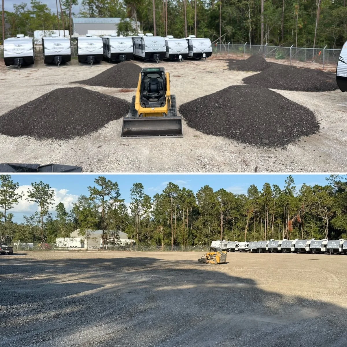 A construction yard with piles of gravel, a small bulldozer, and a row of travel trailers in the background.