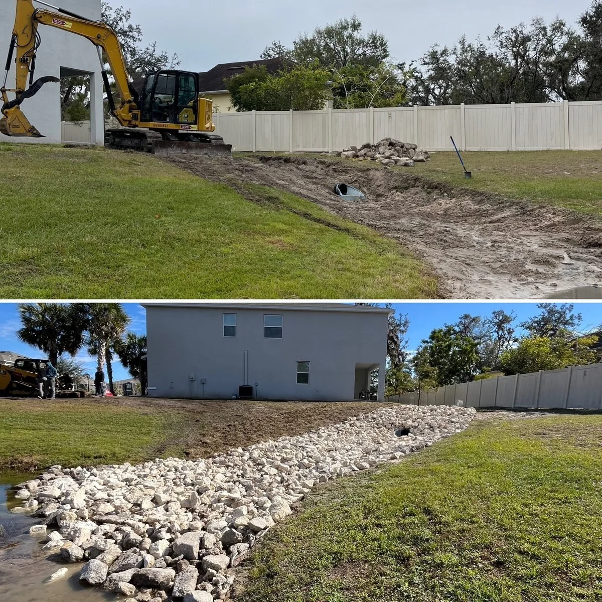 Timeline of a backyard landscaping project showing excavation of the yard at the top and installation of a stone drainage or erosion control system at the bottom with a pile of rocks and a water drain pipe.