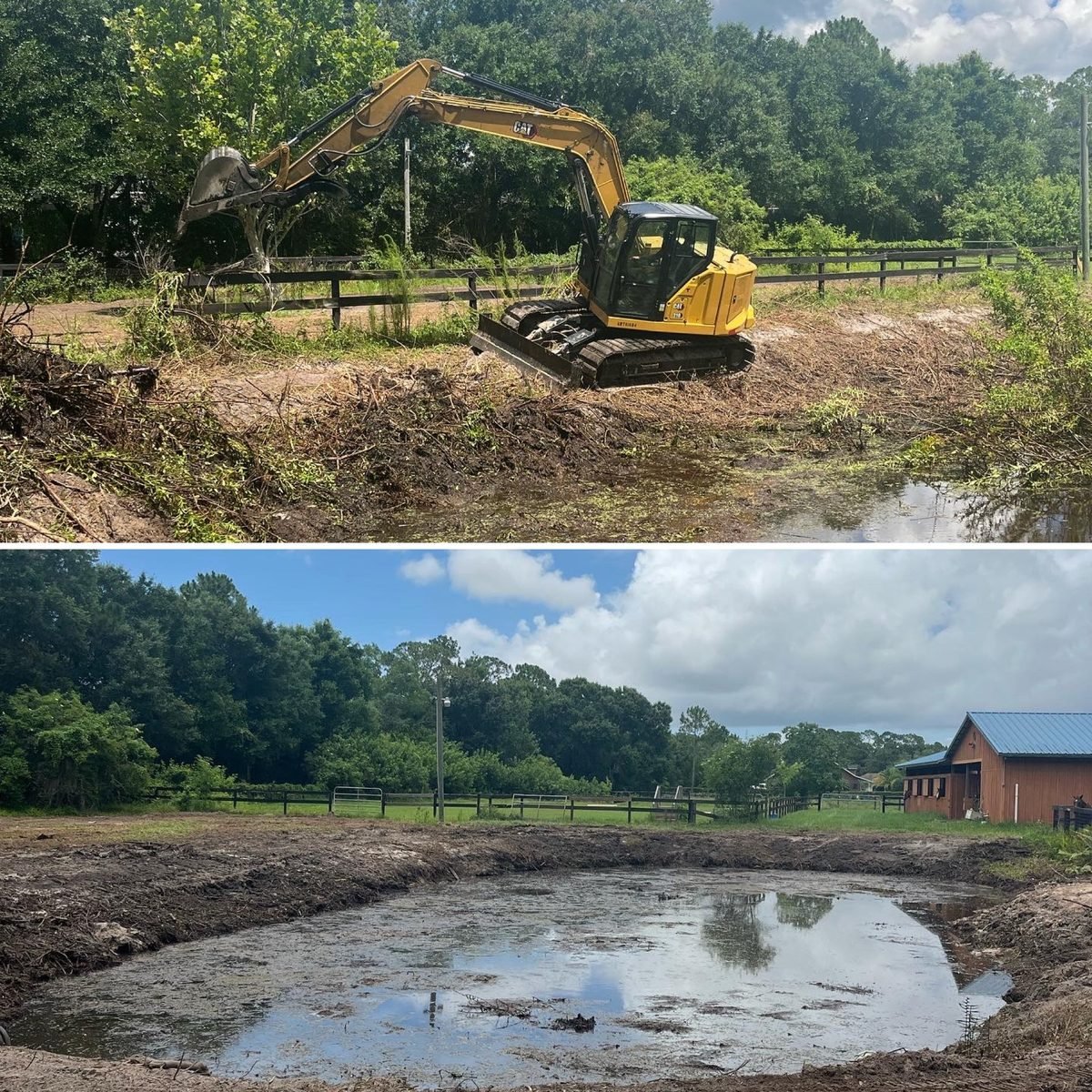 A construction excavator removing debris from a small pond or creek, transforming it into a dry, flat area with water and mud, with trees, a fence, and a wooden building in the background.