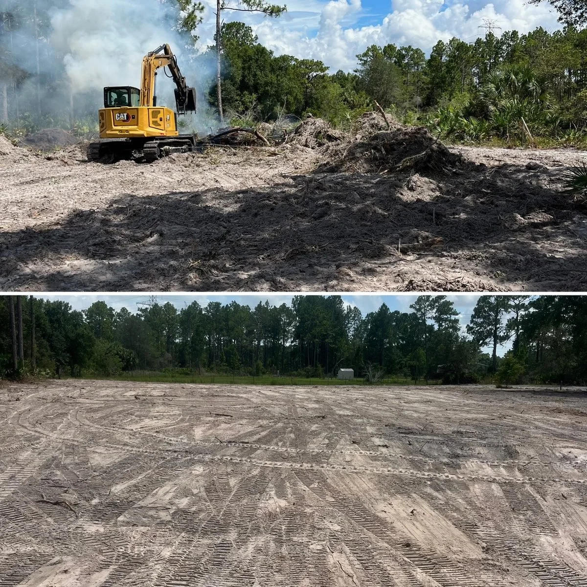 Two images of a cleared land area with construction equipment, showing the land before and after grading, with trees in the background.