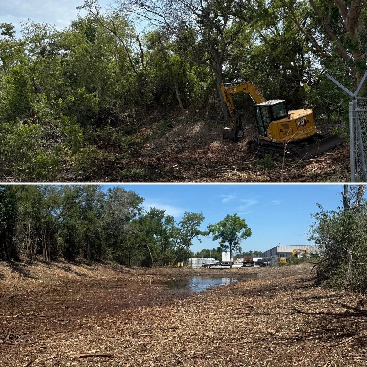 Before and after images of land clearing: top shows overgrown wooded area with excavator, bottom shows cleared land with sparse trees, a small water puddle, and industrial buildings in the background.