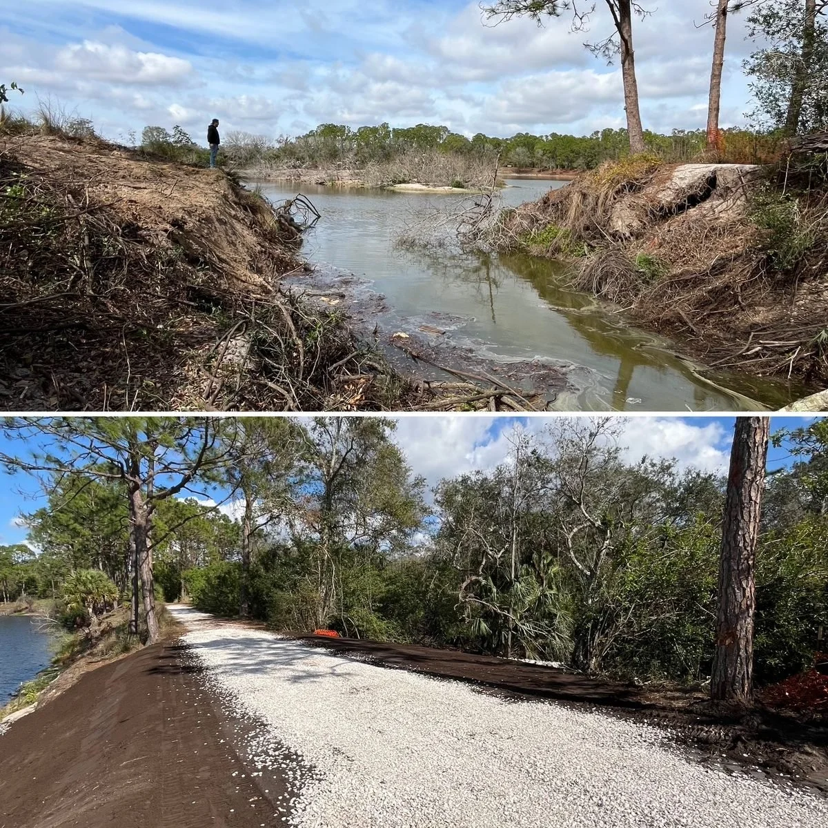 Side-by-side images showing a river landscape. The top image shows a creek with eroded banks and a person standing on the bank. The bottom image shows a road with erosion and fallen gravel, surrounded by trees.