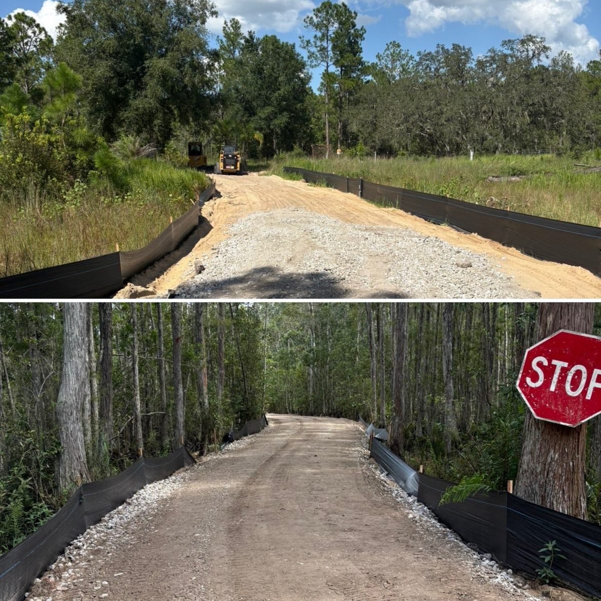 Progress of construction with a dirt road bordered by black silt fencing on the sides, transitioning from an open area with trees to a wooded area with a stop sign.
