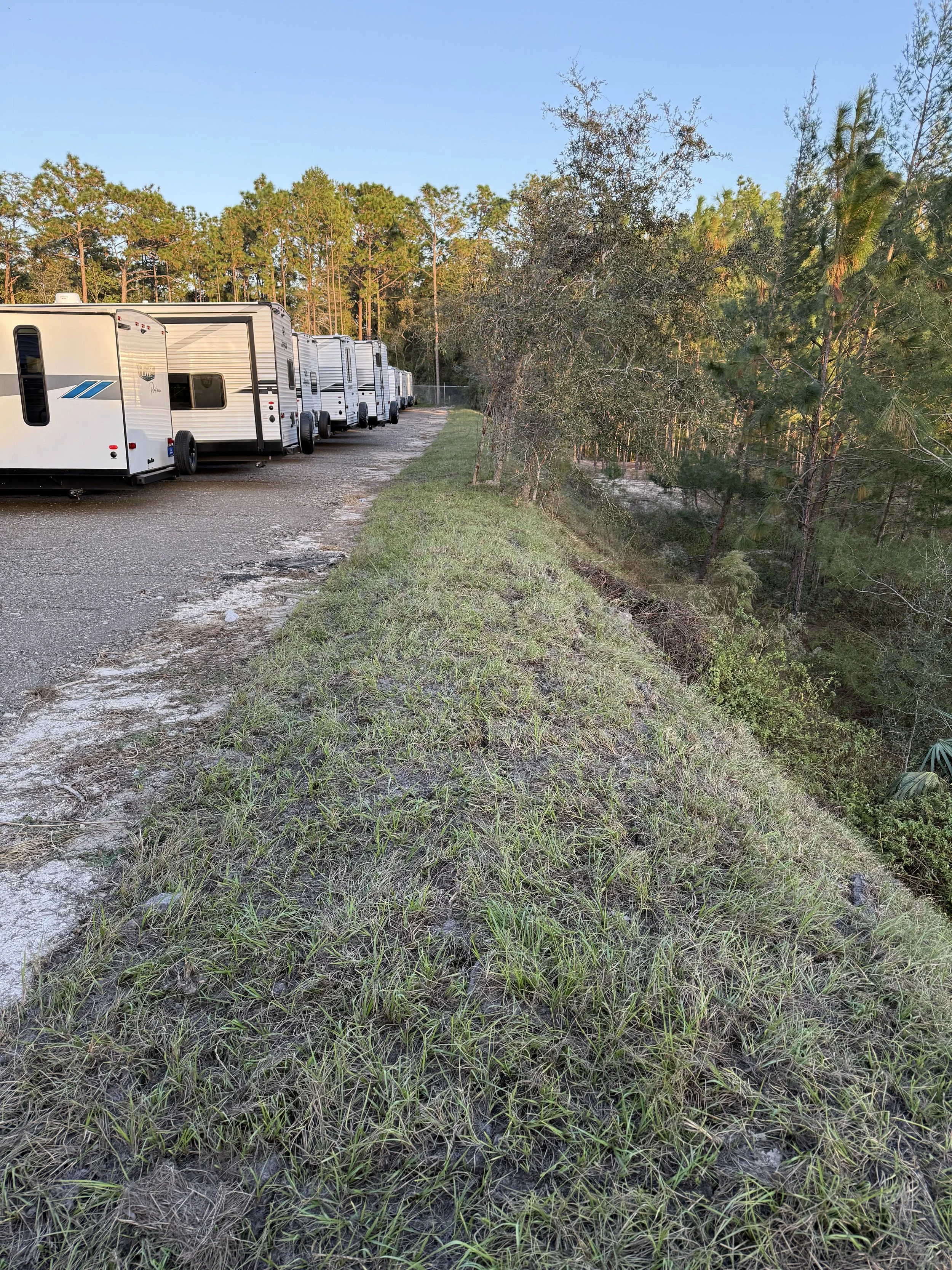 A row of five white travel trailers parked on a gravel surface next to a grassy area with trees in the background.