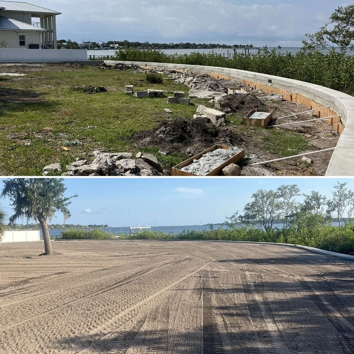 The first image shows a construction site along a waterfront with a curved concrete border and ongoing work to build or renovate the area. The second image shows a cleared sandy area with tire tracks, a lone tree, and a view of water and boats in the distance.