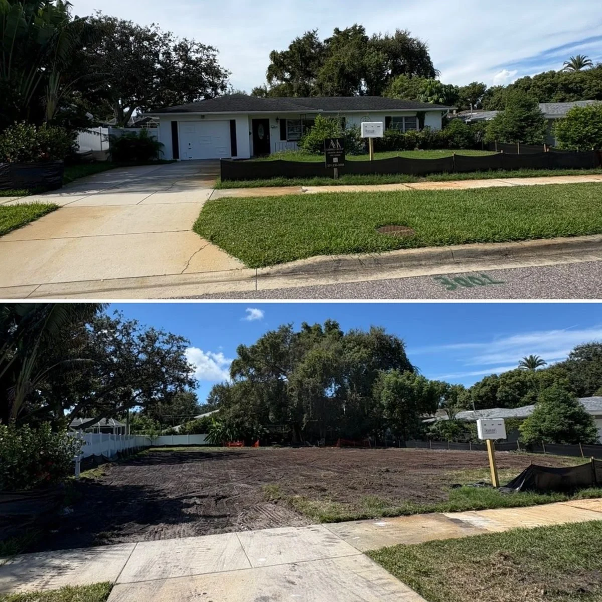 Side-by-side comparison of a front yard, the top image shows a well-maintained lawn and house under a partly cloudy sky, while the bottom image shows the same yard stripped of grass, with bare, dark soil, and construction or landscaping work happening.