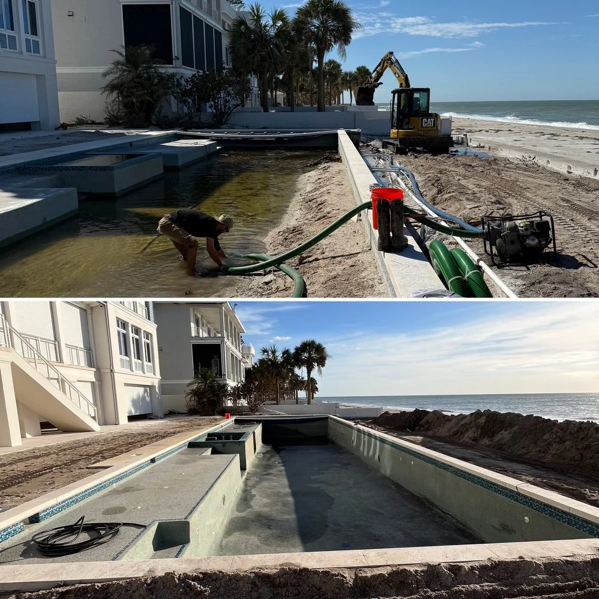 Construction of a new swimming pool at a beachside resort, showing the pool filled with water in the after picture, and construction workers working on the plumbing and excavation in the before picture.