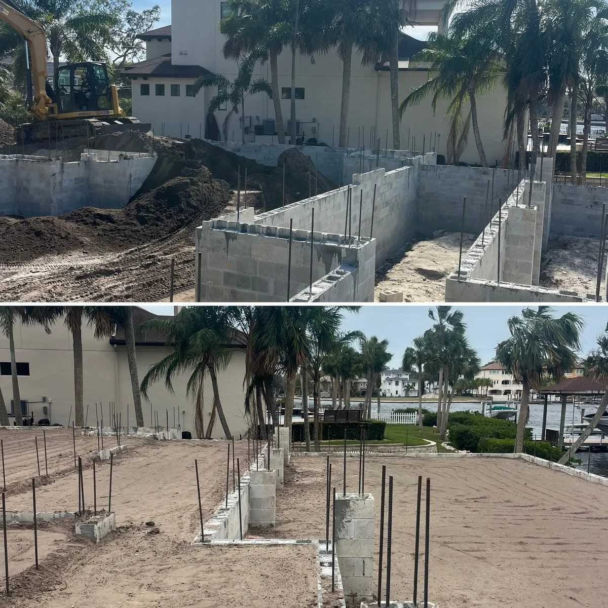 Images showing the construction site of a building, with the foundation partly built using concrete blocks, rebar, and soil excavation, located near a waterfront with palm trees and residential houses in the background.