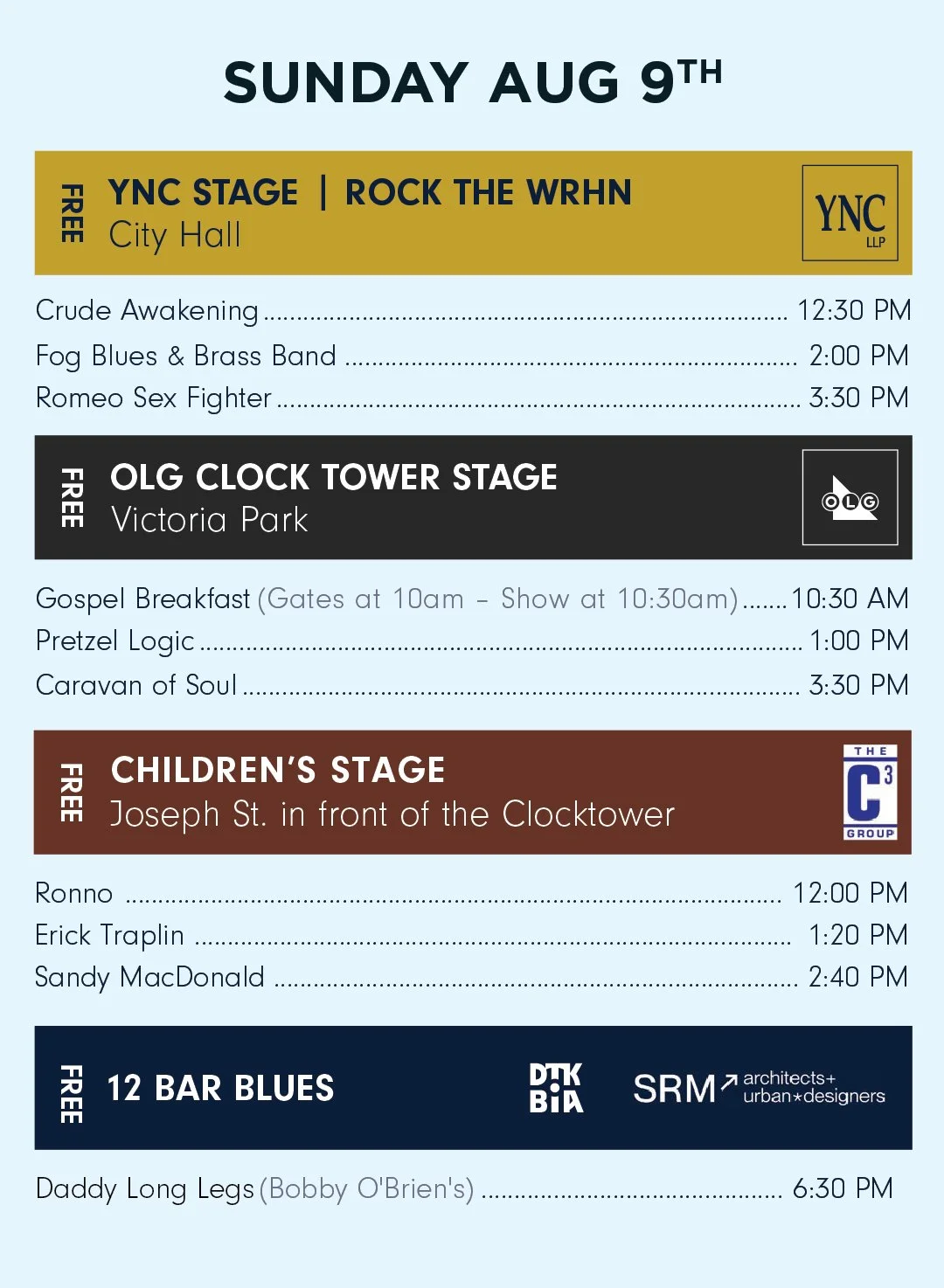 A schedule poster for a music festival on Sunday, August 9th, featuring multiple stages at different locations, with bands and times listed, including children's activities.
