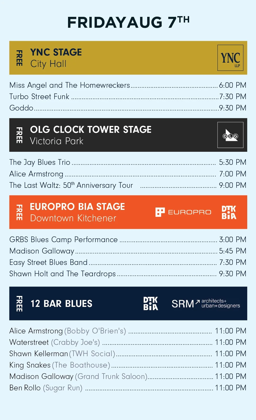 Event schedule for Friday, August 7th featuring performances at various stages including YNC Stage at City Hall, OLG Clock Tower Stage at Victoria Park, EuroPro BIA Stage at Downtown Kitchener, and 12 Bar Blues with times and performers listed.