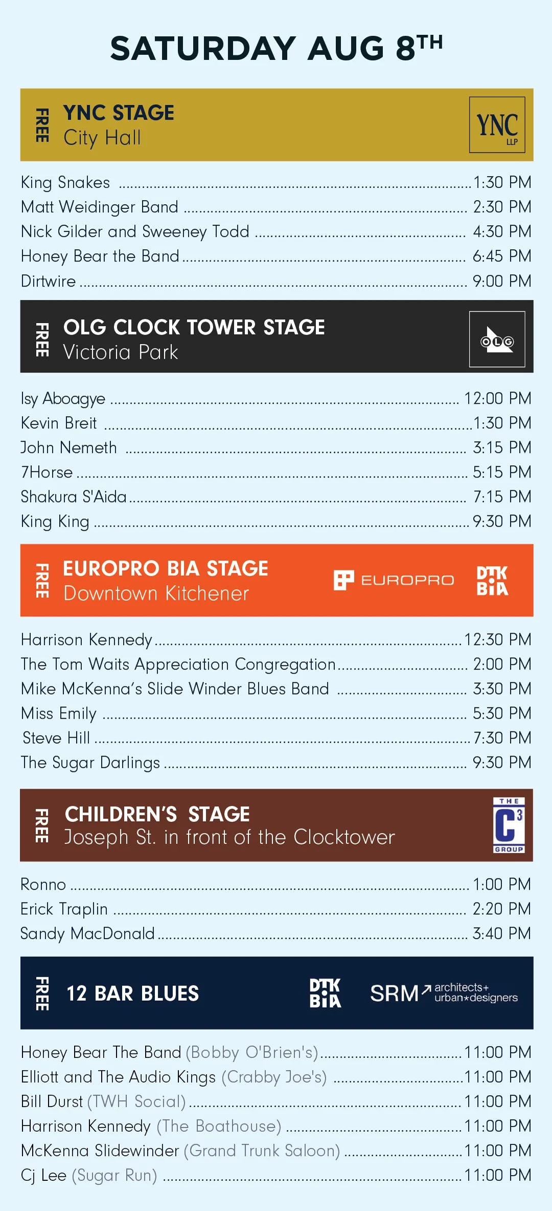 Music festival schedule with stages, times, and band names, including YNC Stage at City Hall, OLG Clock Tower Stage at Victoria Park, EUROPRO BIA Stage at Downtown Kitchener, and Children's Stage in front of the Clocktower, with upcoming performances listed for August 8th.