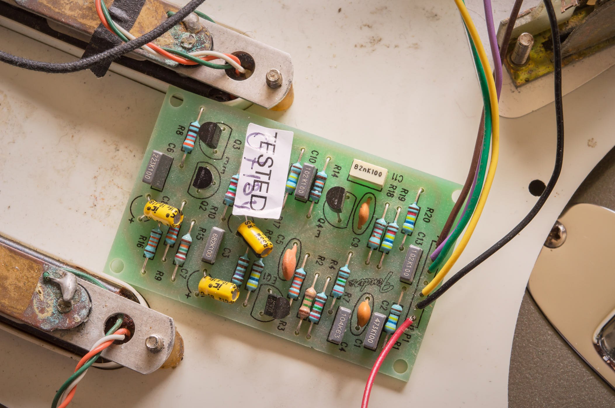 Clapton Strats feature this preamp circuit board with four transistors. The original Lace Sensors look a little corroded and there’s no guarantee the electronics are working.