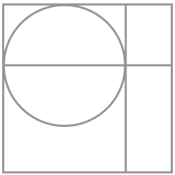 Geometric drawing of an outline square with sections divided by vertical, horizontal, and circle lines.