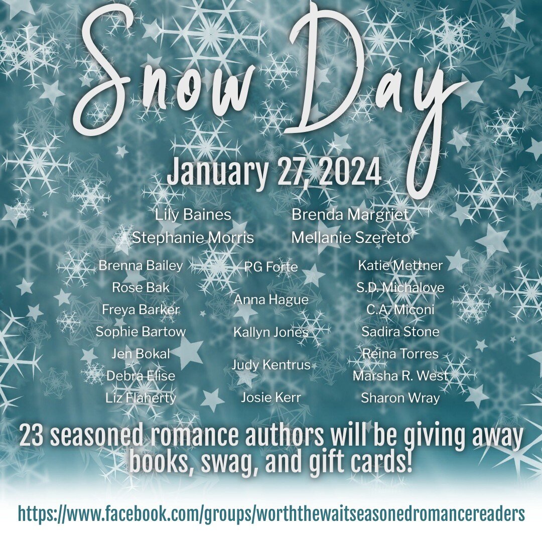 Are you ready for the Snow Day party in the Worth the Wait Seasoned Romance Readers group? Join now and play tomorrow! Meet Seasoned/Later in Life Romance readers and authors. And w!n a goodie or two.

https://www.facebook.com/groups/worththewaitseas