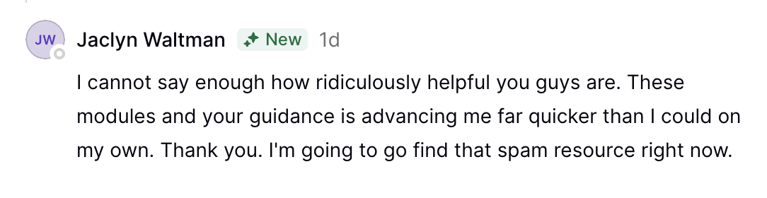 Screenshot of a LinkedIn comment from Jaclyn Waltman praising helpful modules and guidance.
