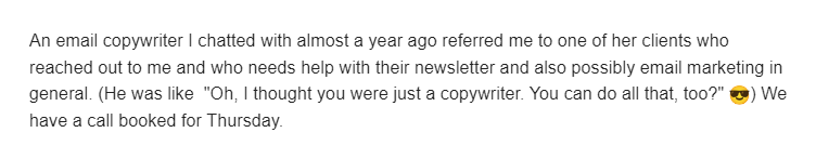 A text message or email screenshot discussing a copywriter's experience and a scheduled call.