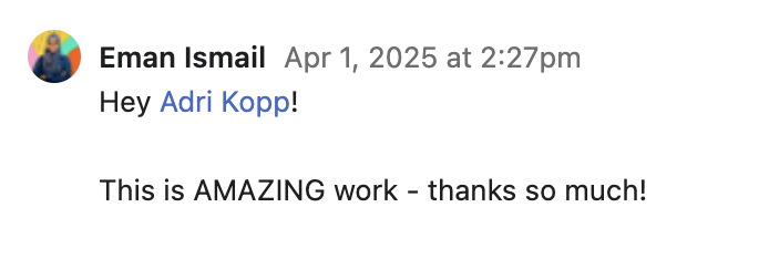 A screenshot of a social media message from Eman Ismail, dated April 1, 2025, at 2:27 pm. The message addresses Adri Kopp and expresses excitement about the work.