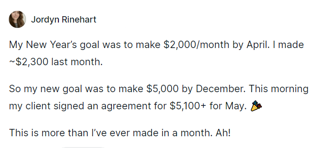 Screenshot of a social media post by Jordyn Rinehart about her financial goals and recent earnings.