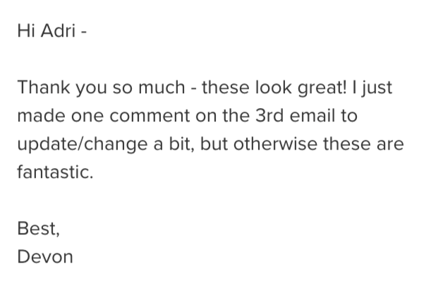Screenshot of a text message or email expressing gratitude and complimenting the recipient's work, signed by Devon.