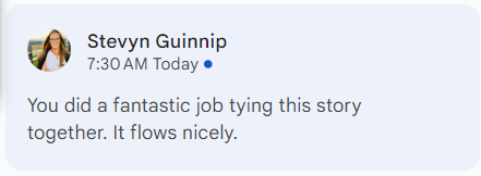 Screenshot of a social media comment praising a story project.