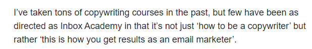Screenshot of a text excerpt discussing copywriting courses and the benefits of Inbox Academy, emphasizing practical email marketing results.