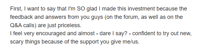 Screenshot of a message expressing gratitude for support and encouragement in making an investment.