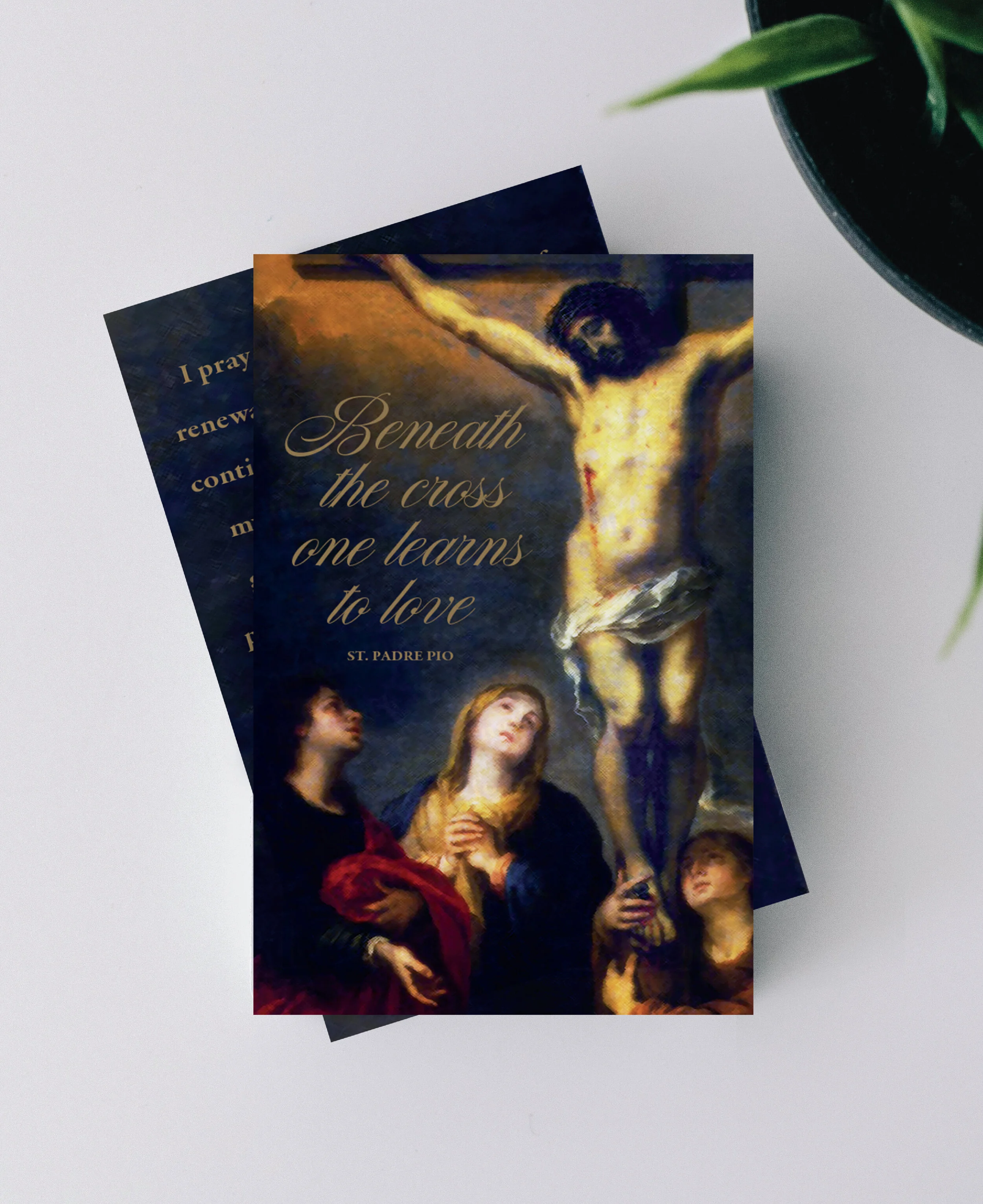 Mary looking at her son, Jesus, on the cross religious prayer card. 