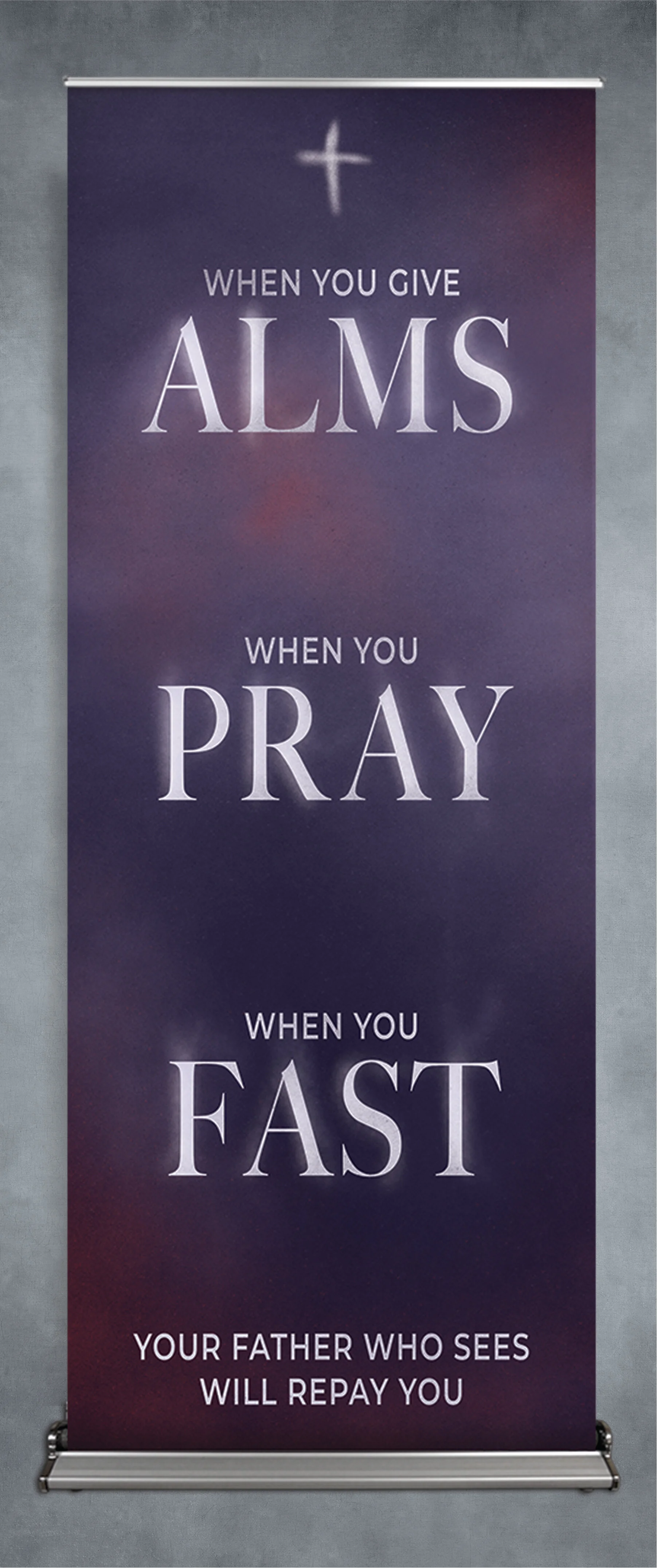 Moody lenten retractable and quick replace banner design. Alms, pray, fast.