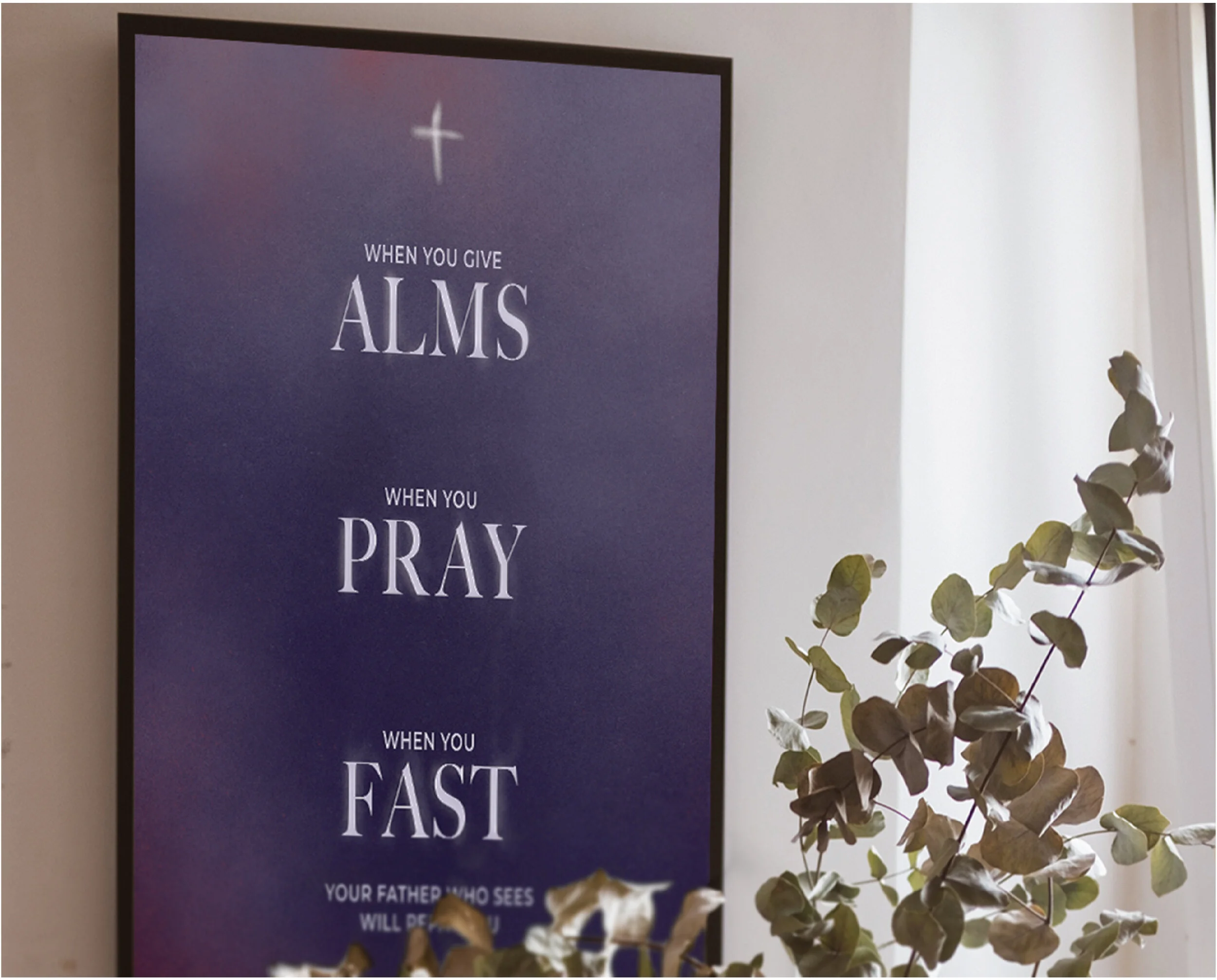 Moody lenten poster design. Alms, pray, fast