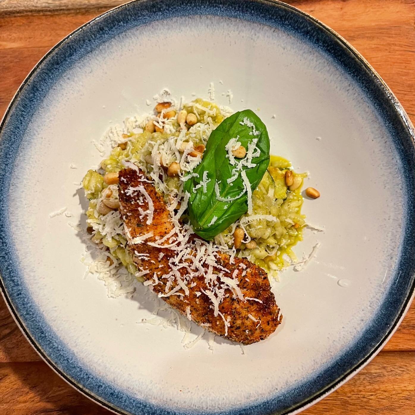 Pesto Goat Cheese Risotto With Blackened Chicken &amp; Zucchini 🤩🤩🤩 this risotto is bright and tangy and pairs so well with a bit of heat from the blackened chicken. Risotto may take a long time to cook but it is not complicated! And it is well wo